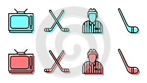 Set line Hockey judge, referee, arbiter, Retro tv, Ice hockey sticks and Ice hockey stick icon. Vector