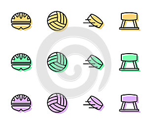 Set line Hockey puck, Bicycle helmet, Volleyball ball and Pommel horse icon. Vector