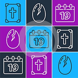 Set line Holy bible book, Calendar with Happy Easter and Broken egg icon. Vector