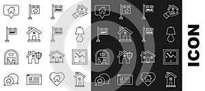 Set line Home symbol, Clock, Table lamp, Hanging sign with text Sold, House, Rent, Map pointer house and Sale icon