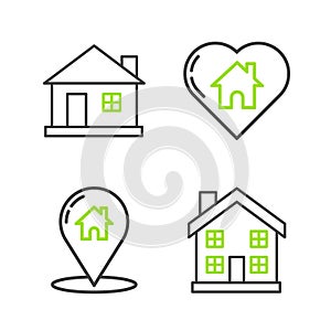 Set line Home symbol, Map pointer with house, House heart shape and icon. Vector