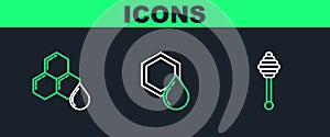 Set line Honey dipper stick, Honeycomb and icon. Vector
