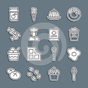 Set line Honey dipper stick, Scrambled eggs, Coffee cup to go, Pudding custard, Cook, Candy, Jam jar and Cookbook icon