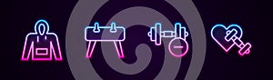 Set line Hoodie, Pommel horse, Dumbbell and with heart. Glowing neon icon. Vector