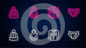 Set line Hoodie, Shirt, Winter hat and Men underpants. Glowing neon icon on brick wall. Vector