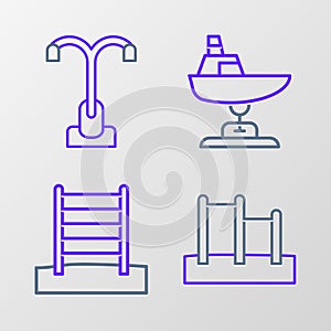 Set line Horizontal bar, Swedish wall, Swing boat and Street light icon. Vector