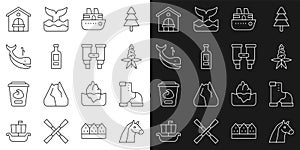 Set line Horse, Winter warm boot, Lupine flower, Cruise ship, Bottle of vodka, Whale, Farm house and Binoculars icon