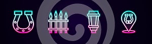 Set line Horseshoe, Classic iron fence, Garden light lamp and . Glowing neon icon. Vector