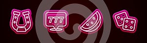 Set line Horseshoe, Slot machine with jackpot, Casino slot watermelon and Game dice. Glowing neon icon. Vector