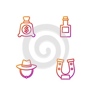 Set line Horseshoe, Western cowboy hat, Money bag and Tequila bottle. Gradient color icons. Vector