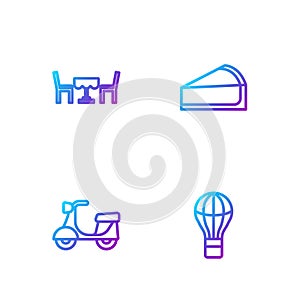 Set line Hot air balloon, Scooter, French cafe and Cherry cheesecake slice. Gradient color icons. Vector