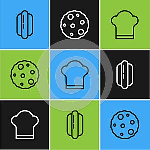 Set line Hotdog sandwich, Chef hat and Cookie or biscuit icon. Vector