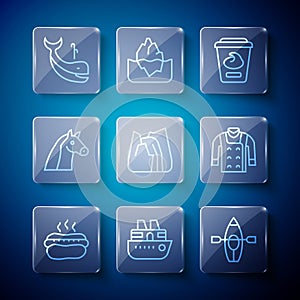 Set line Hotdog sandwich, Cruise ship, Kayak paddle, Yogurt container, Waterfall, Horse, Whale and Sweater icon. Vector