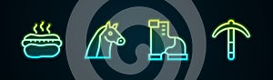 Set line Hotdog sandwich, Horse, Winter warm boot and Pickaxe. Glowing neon icon. Vector