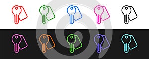 Set line Hotel door lock key icon isolated on black and white background. Vector