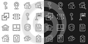 Set line House contract, Hanging sign with Rent, heart shape, Heating radiator, plan, key and icon. Vector