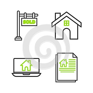 Set line House contract, Laptop and smart home, and Hanging sign with text Sold icon. Vector