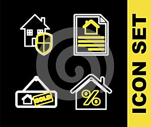 Set line House contract, with percant, Hanging sign Sold and under protection icon. Vector