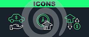 Set line House with dollar, Car rental and Time is money icon. Vector
