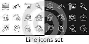 Set line House with dollar, heart shape, Hanging sign For Rent, percant, check mark, Sale, Sold and key icon. Vector