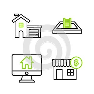 Set line House with dollar symbol, Computer monitor smart home, Swimming pool ladder and icon. Vector