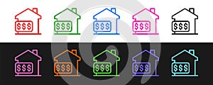 Set line House with dollar symbol icon isolated on black and white background. Home and money. Real estate concept
