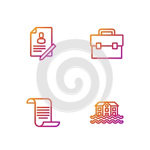 Set line House flood, Document with shield, and Briefcase. Gradient color icons. Vector