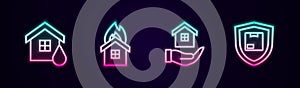 Set line House flood, Fire in burning house, hand and Delivery security with shield. Glowing neon icon. Vector