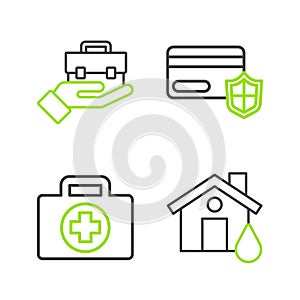 Set line House flood, First aid kit, Credit card with shield and Hand holding briefcase icon. Vector