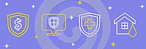 Set line House flood, Life insurance with shield, Location and Shield dollar icon. Vector