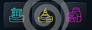 Set line House flood, Nuclear power plant and Floating buoy on the sea. Black square button. Vector