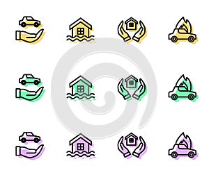 Set line House in hand, Car insurance, flood and Burning car icon. Vector