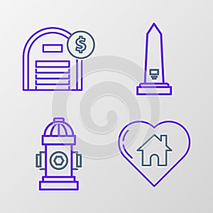 Set line House with heart shape, Fire hydrant, Washington monument and Warehouse dollar symbol icon. Vector