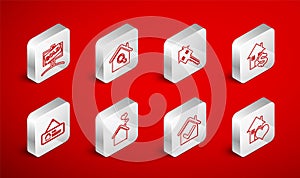 Set line House with heart shape, Search house, key, dollar, check mark, Hanging sign Sold, and For Rent icon. Vector