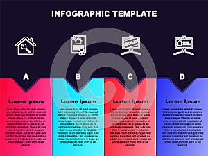 Set line House with key, contract, Hanging sign Sold and Open house. Business infographic template. Vector