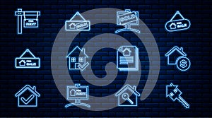 Set line House with key, dollar, Hanging sign Sold, check mark, For Sale, Rent, contract and icon. Vector