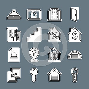 Set line House key, Garage, with dollar symbol, Staircase, Hotel service bell and percant discount icon. Vector