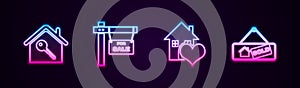Set line House with key, Hanging sign For Sale, heart shape and Sold. Glowing neon icon. Vector