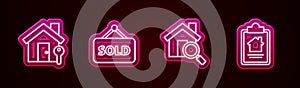 Set line House with key, Hanging sign text Sold, Search house and contract. Glowing neon icon. Vector