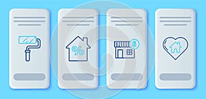 Set line House with percant discount tag, dollar symbol, Paint roller brush and heart shape icon. Vector