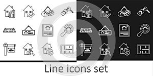 Set line House plan, Search house, Hanging sign with Sold, For Rent, Rising cost of housing, contract and check mark