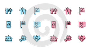 Set line House, Realtor, with shield, heart shape, Hanging sign text Rent, Computer monitor smart home, Mobile phone and