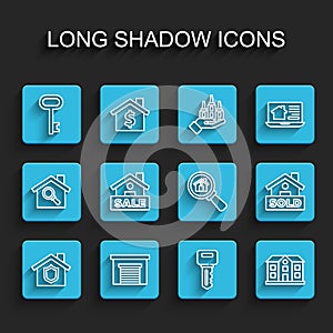 Set line House with shield, Garage, key, Hanging sign Sale, text Sold and Search house icon. Vector