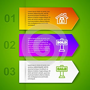 Set line House under protection, Hanging sign with text Sold and Sale. Business infographic template. Vector