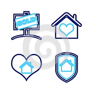 Set line House under protection, with heart shape, and Hanging sign Sold icon. Vector