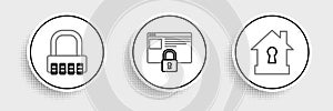 Set line House under protection, Safe combination lock and Secure your site with HTTPS, SSL icon. Vector