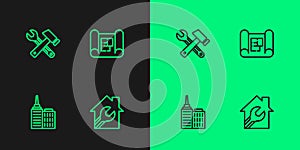 Set line House with wrench spanner, City landscape, Hammer and plan icon. Vector