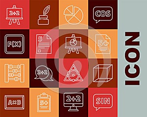 Set line Human brain, Function mathematical symbol, Calculator, Abacus, Infinity, Equation solution, and XYZ Coordinate