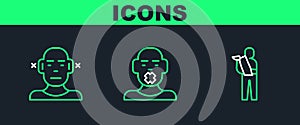 Set line Human broken arm, Deaf and Head of deaf and dumb icon. Vector