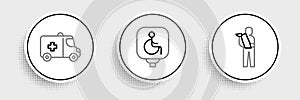 Set line Human broken arm, Emergency car and Disabled wheelchair icon. Vector